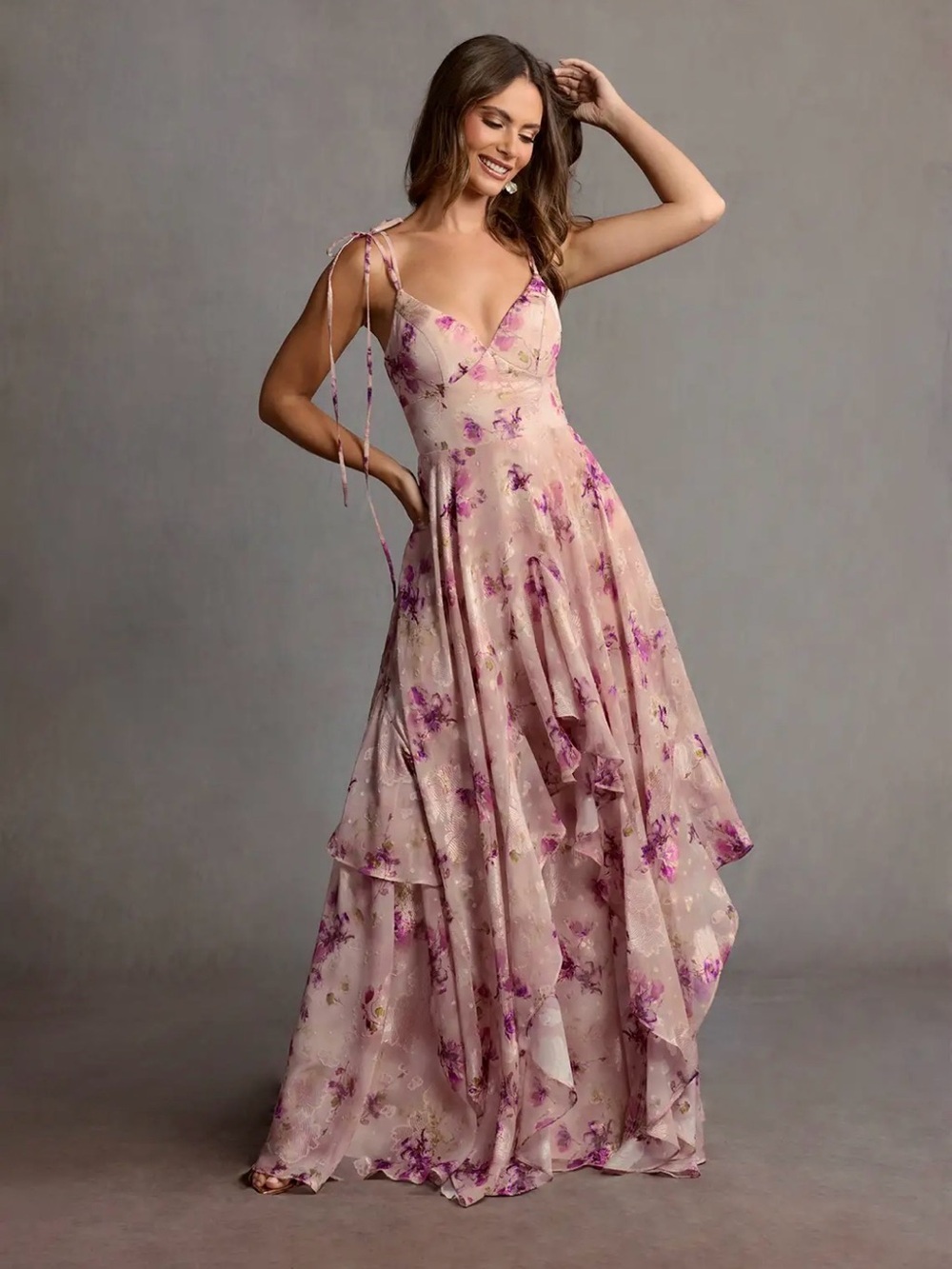Azazie harmony mauve floral floor length gown 10